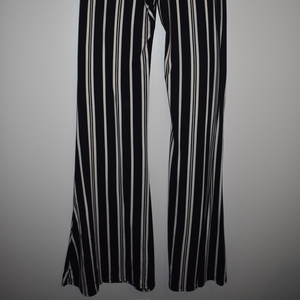 Navy and white striped stretchy flair pants